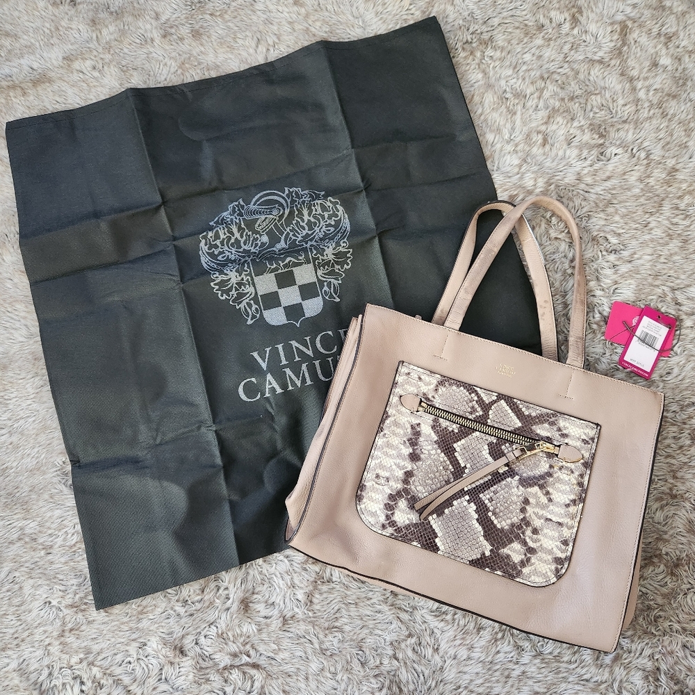 Vince‎ Camuto Elvan Tote Bag Almond Beige/Teak Snakeskin